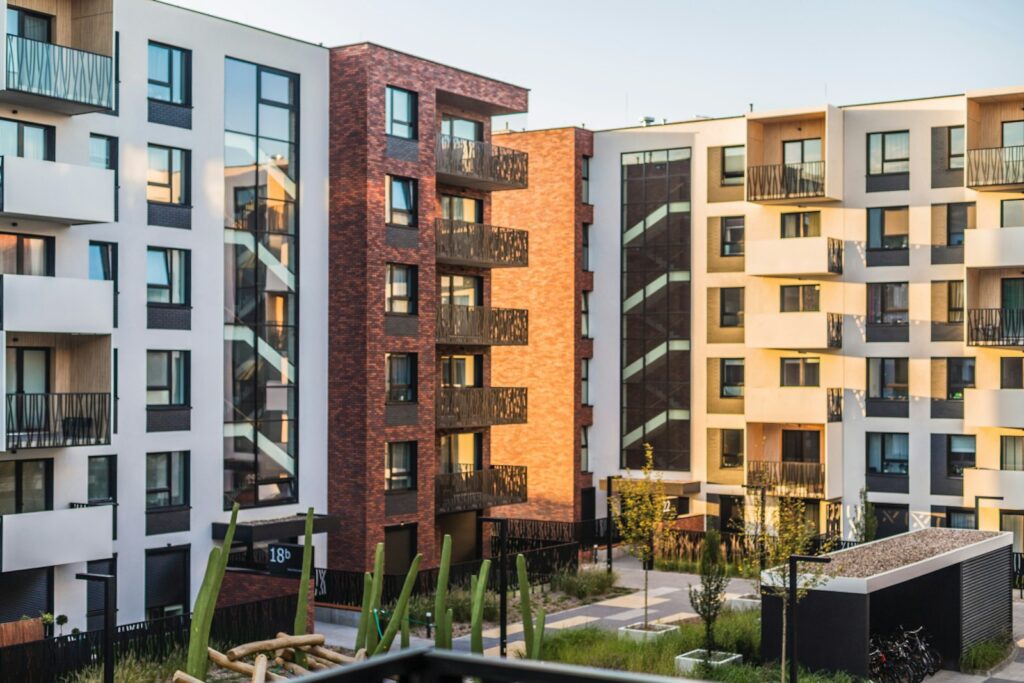 Brown and white apartment building